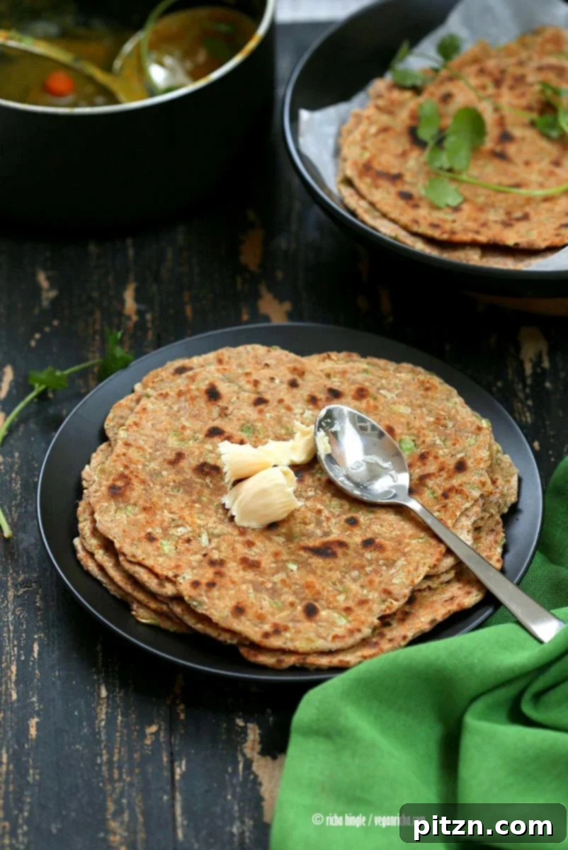 Lauki Paratha - Spiced Opo Squash / Zucchini Wheat Flatbread. Easy Indian flatbread. Yeast-free, Whole grain | VeganRicha.com #vegan #Indian #recipe