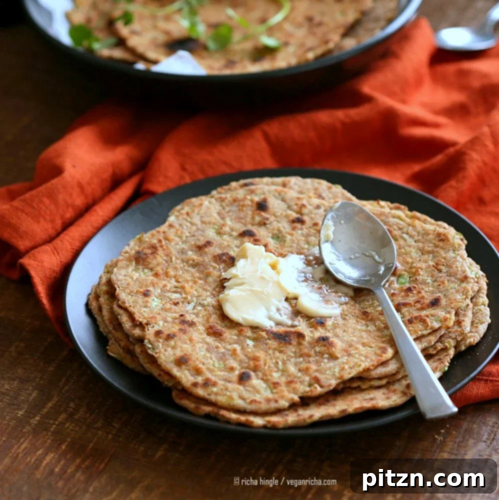 Lauki Paratha - Spiced Opo Squash / Zucchini Wheat Flatbread. Easy Indian flatbread. Yeast-free, Whole grain | VeganRicha.com #vegan #Indian #recipe