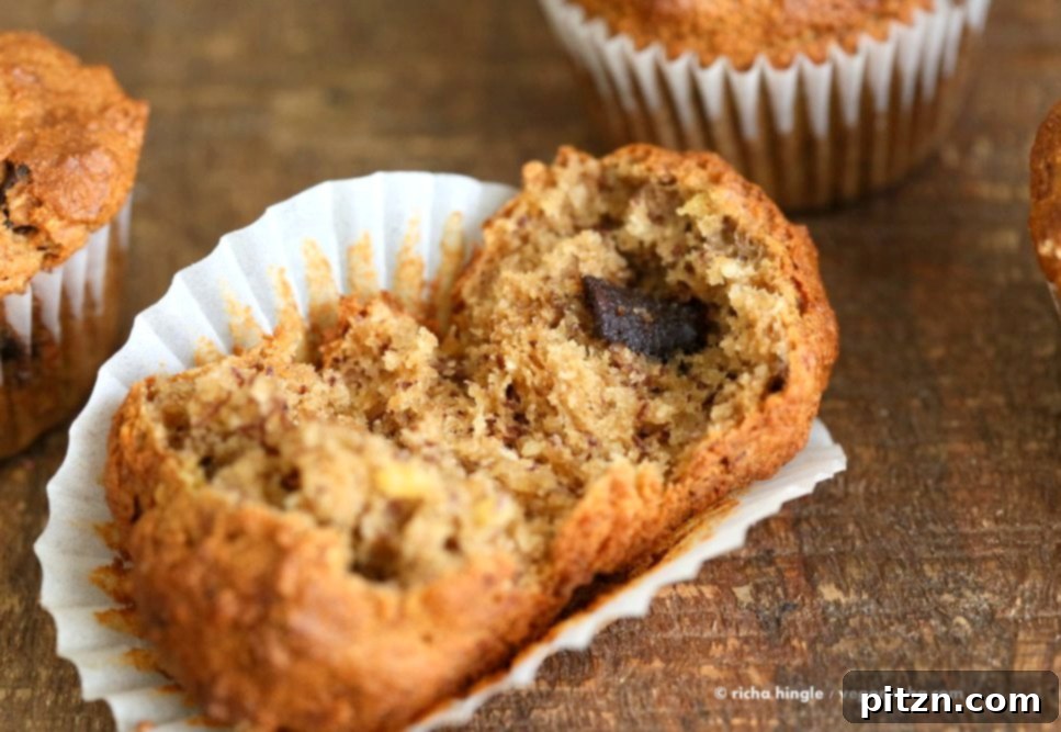 Delicious Vegan Gluten-Free Banana Muffins 5 Vegan Gluten free Banana Muffins . Easy Breakfast Muffins. Almond flour, Oat flour, 2 bananas and large Chocolate chunks. Glutenfree Breakfast Muffin Recipe | VeganRicha.com #vegan #glutenfree #muffin