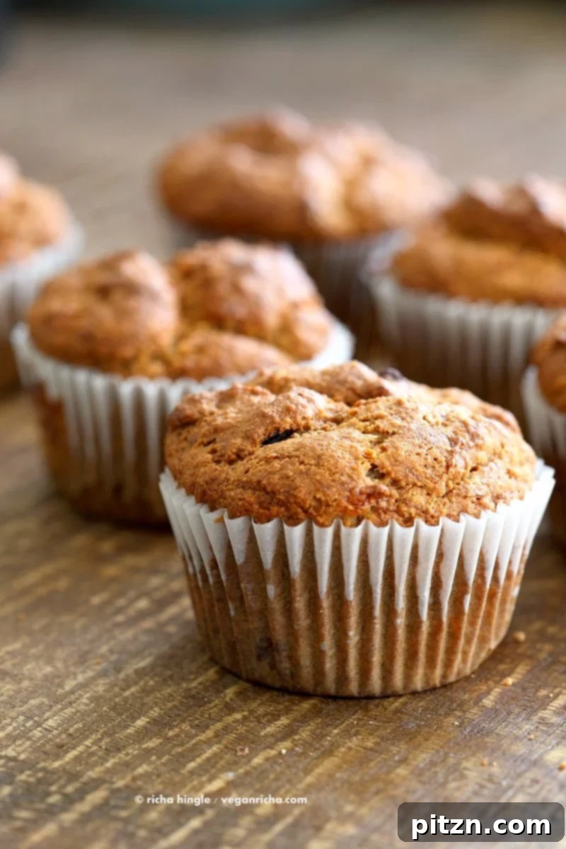 Delicious Vegan Gluten-Free Banana Muffins 7 Vegan Gluten free Banana Muffins . Easy Breakfast Muffins. Almond flour, Oat flour, 2 bananas and large Chocolate chunks. Glutenfree Breakfast Muffin Recipe | VeganRicha.com #vegan #glutenfree #soyfree #recipe