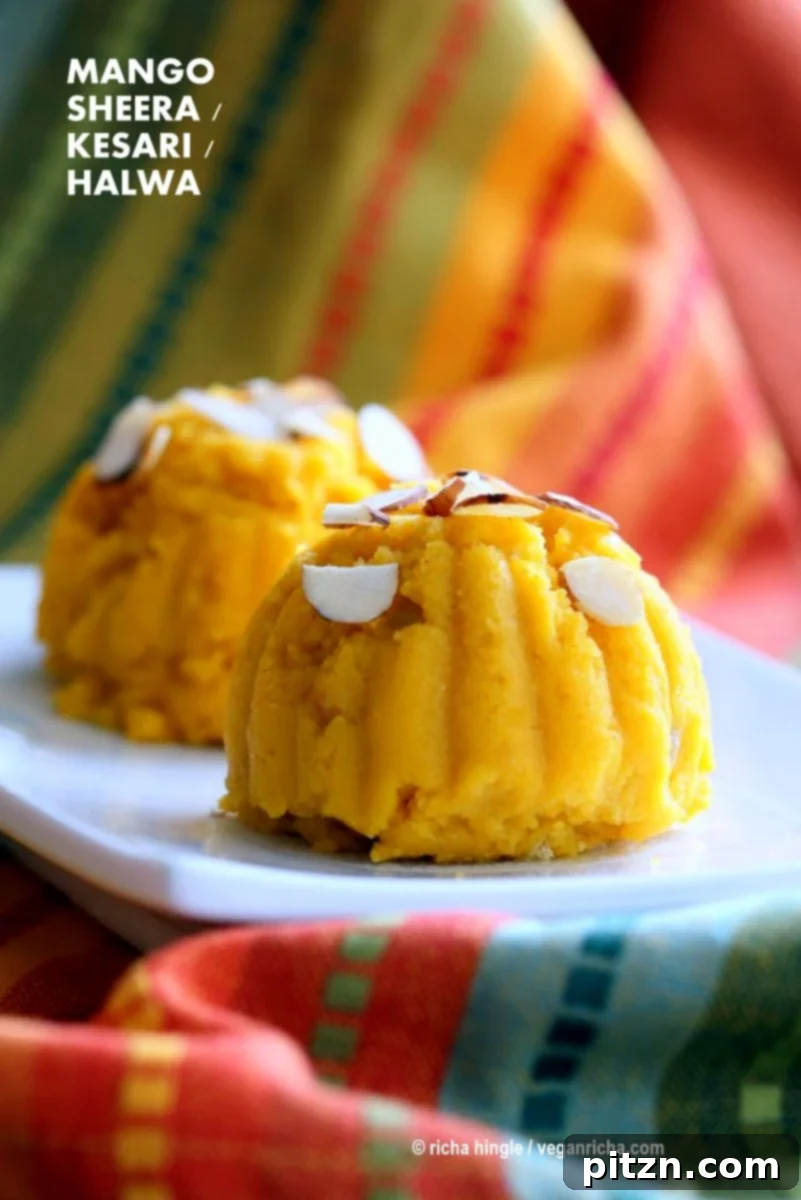 Mango Sheera Recipe. Mango Kesari or Halwa. 20 minute 1 pan Semolina Mango Pudding . Vegan Indian Dessert Recipe. | VeganRicha.com can be made gluten-free and oil-free