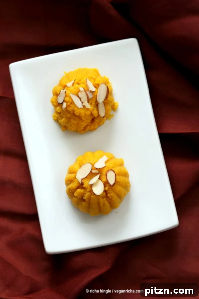 Mango Sheera Recipe. Mango Kesari or Halwa. Semolina Mango Pudding . Vegan Indian Dessert Recipe. | VeganRicha.com can be made gluten-free and oil-free