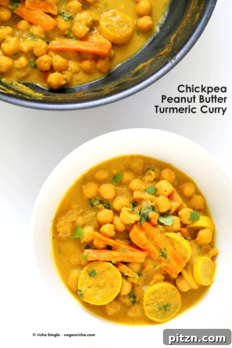 One-Pot Turmeric Peanut Butter Chickpea Curry 5 A close-up of the creamy Turmeric Peanut Butter Chickpea Curry, highlighting the vibrant colors of the vegetables.