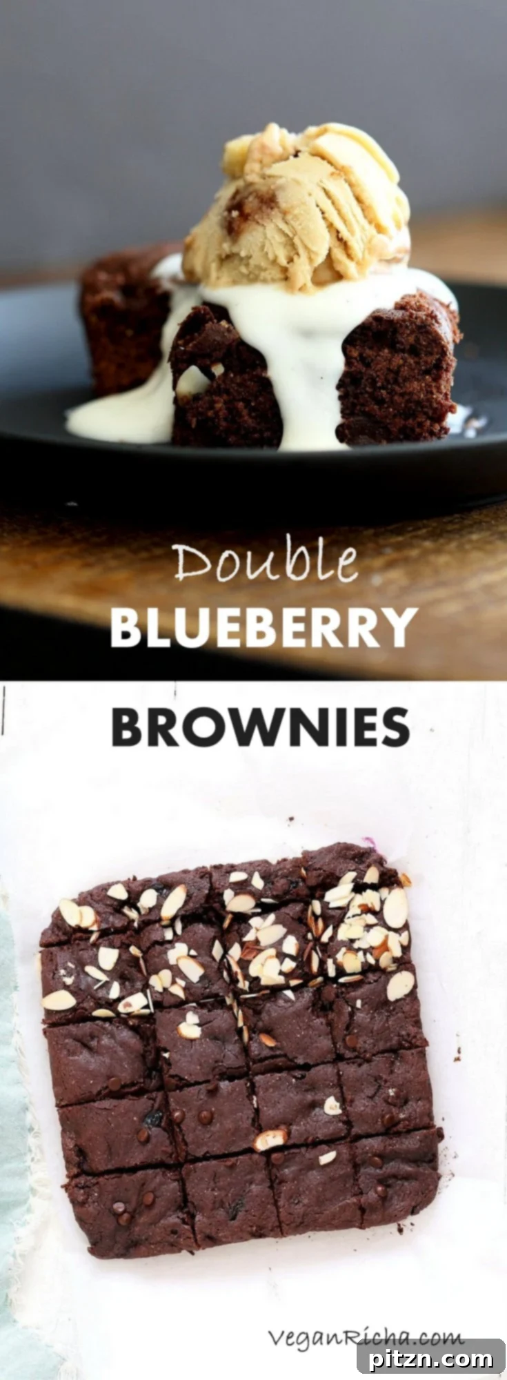 Luscious Blueberry Brownies 4 Double Blueberry Brownies. Summer Dark Chocolate Brownies with blueberries and almonds. Blueberries cooked to a compote in the wet and blueberries added with chocolate chips in the batter. Vegan Brownie Recipe. Easily made gluten-free.