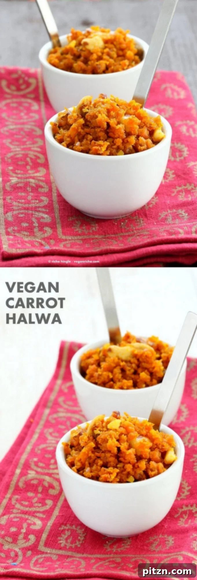 Close-up of freshly prepared Vegan Carrot Halwa, showcasing its rich texture and vibrant color, ready to be served. A healthy, compassionate, and ethical take on the traditional Indian sweet, perfect for plant-based diets.