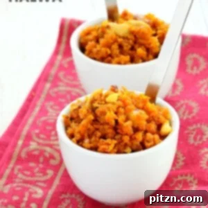 Delicious Vegan Carrot Halwa, Gajar Halwa, a gluten-free and soy-free Indian dessert recipe from VeganRicha.com, garnished with toasted nuts.