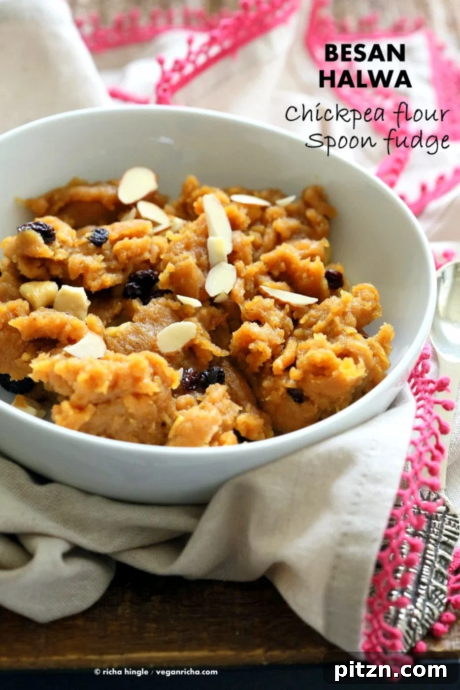 Rich and fudgy Besan Halwa, a delicious Indian dessert made with chickpea flour, cardamom, and nuts. Vegan, gluten-free, and grain-free.