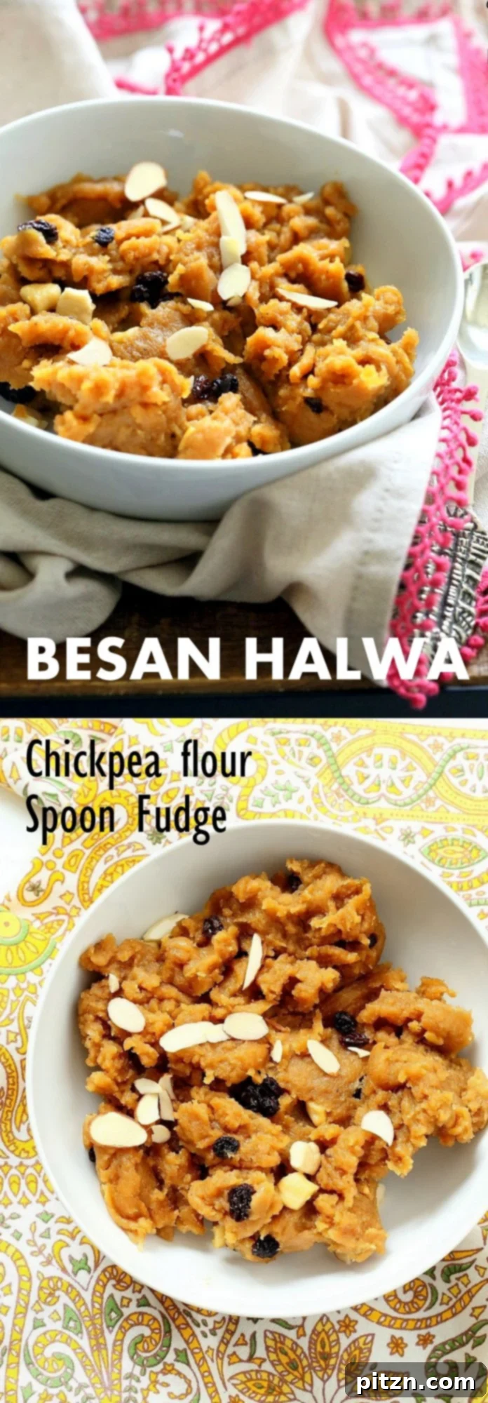 Close-up of Besan Halwa, a thick chickpea flour fudge, garnished with chopped nuts, showcasing its delightful texture and rich color.