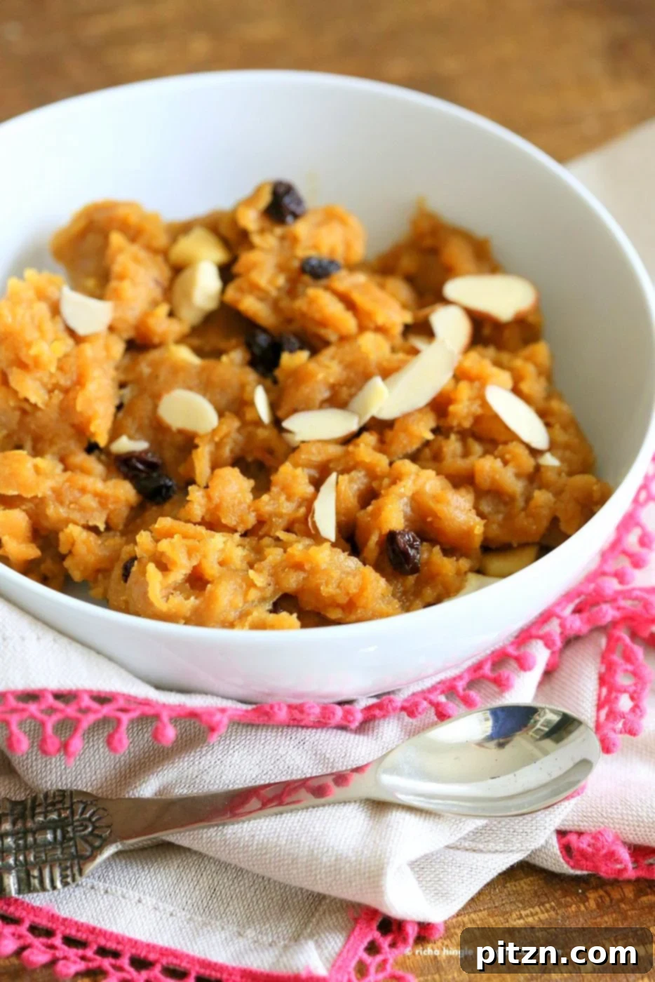 Beautifully prepared Besan Halwa, a comforting chickpea flour dessert, ready to be enjoyed.