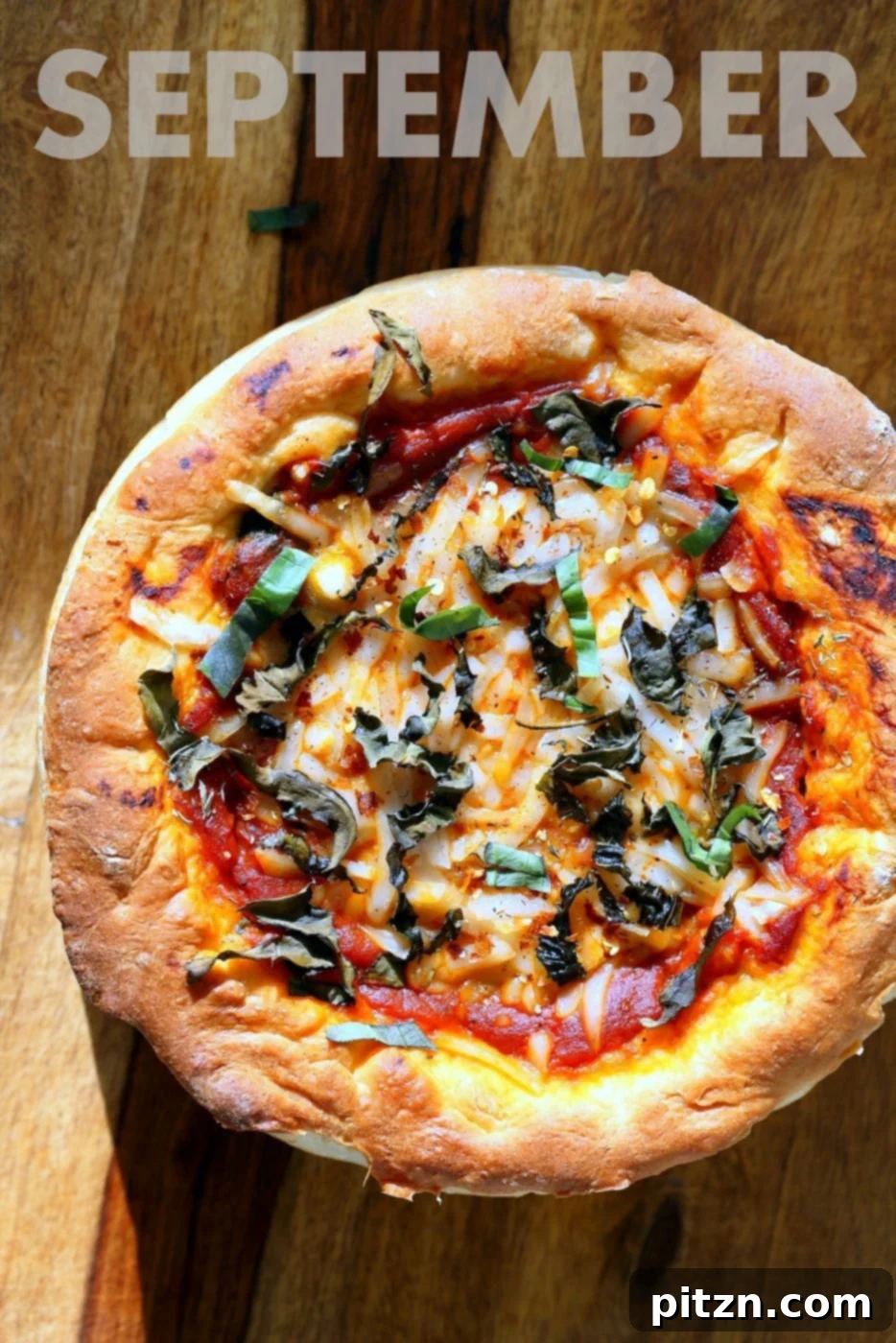 Delicious Vegan Deep Dish Pizza Recipe with from-scratch crust, red pepper, spinach, vegan mozzarella, and fresh basil – a perfect plant-based pizza for dinner. | VeganRicha.com