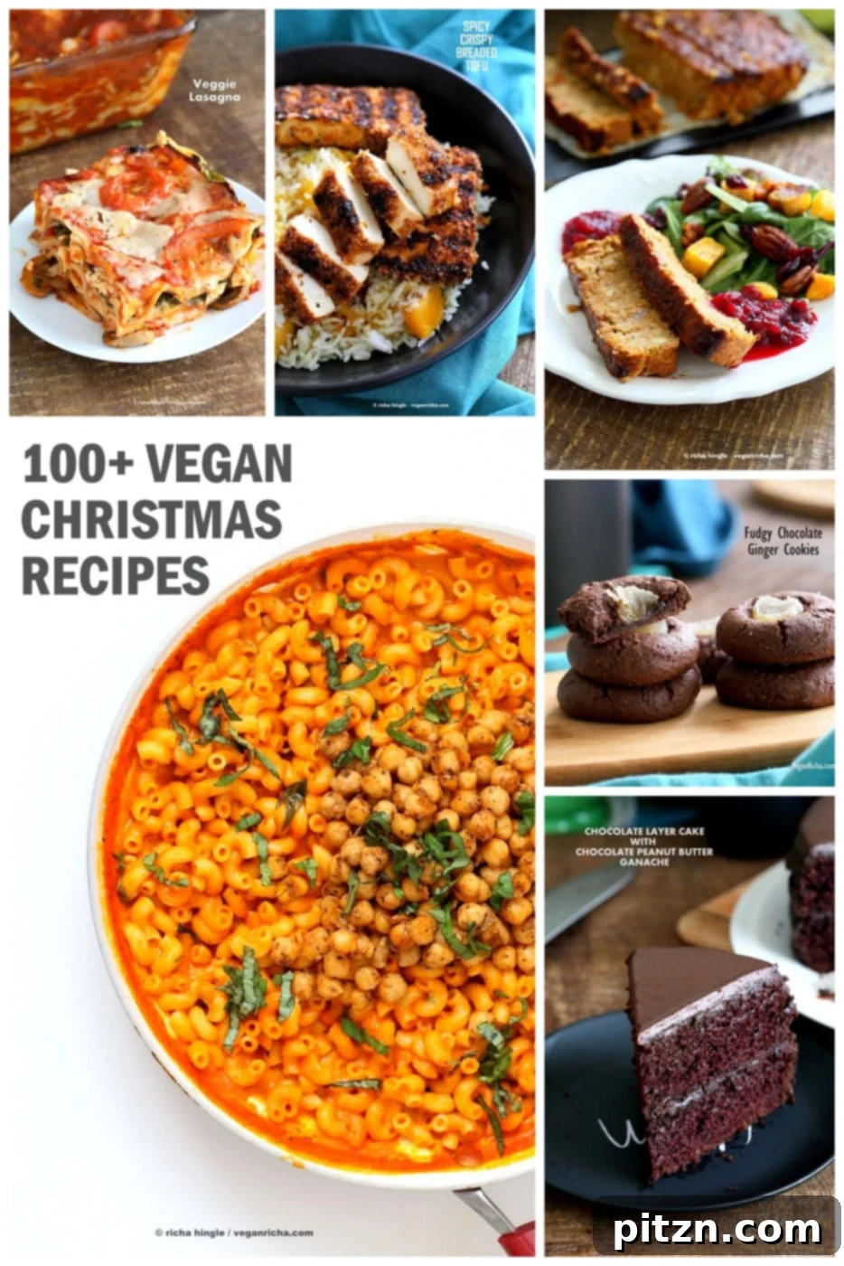 A vibrant display of various vegan Christmas dishes including cookies, a main course, and desserts, set for a holiday feast.