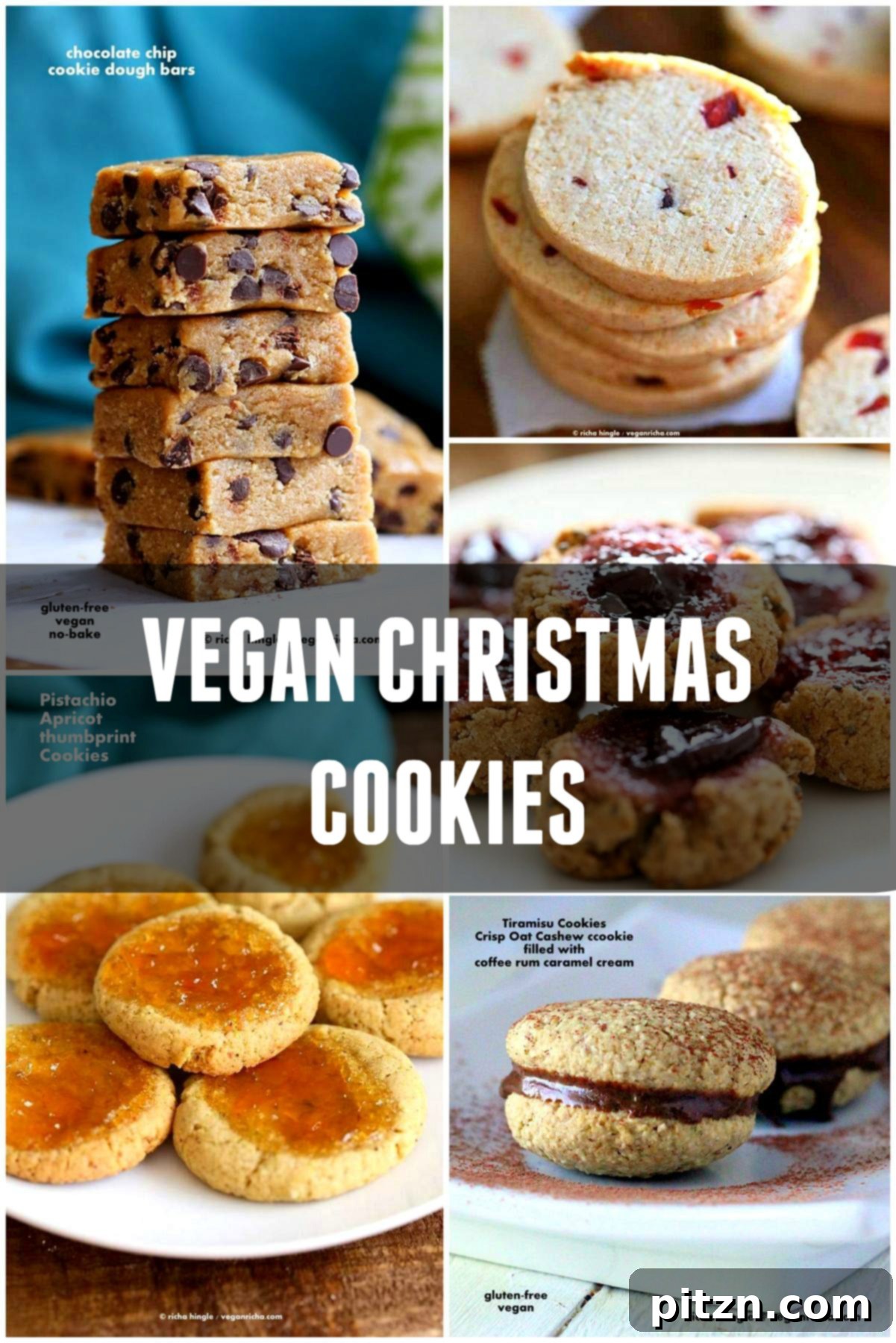 Assortment of festive vegan Christmas cookies, truffles, and bars on a holiday platter, showcasing various textures and decorations.