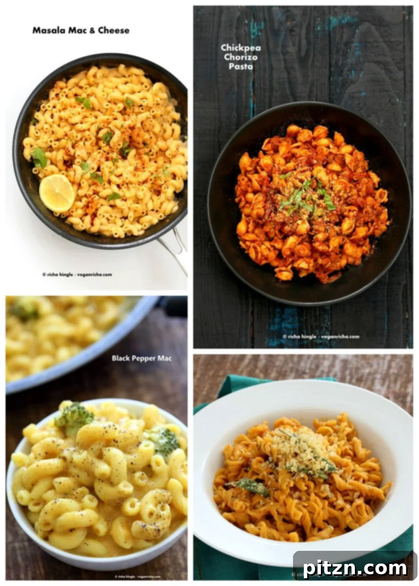 A selection of colorful vegan holiday side dishes, including a creamy mac and cheese, pasta, and roasted vegetables.
