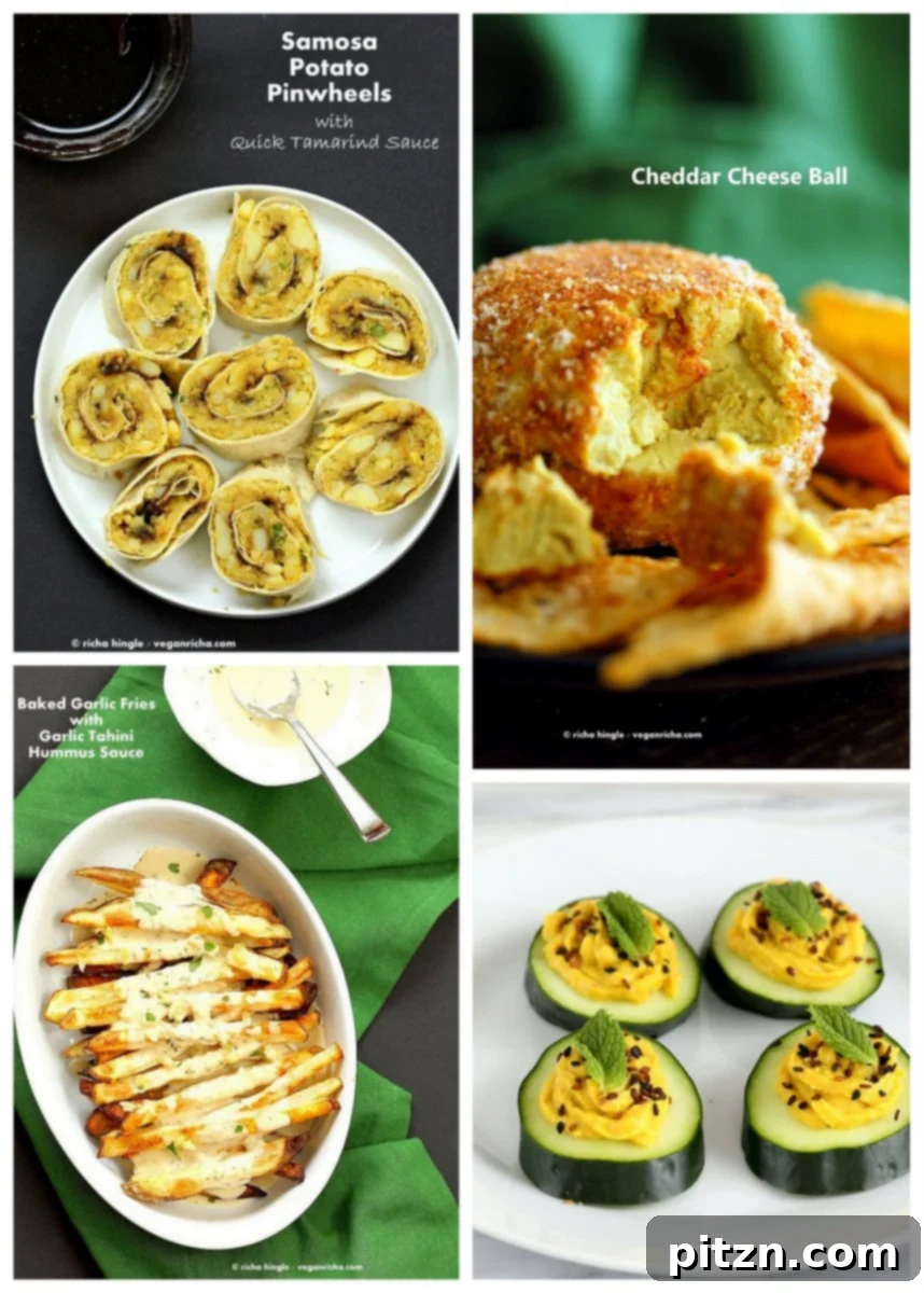 A festive selection of vegan holiday appetizers, including cheese balls, pinwheels, and deviled cucumbers, ready for guests.