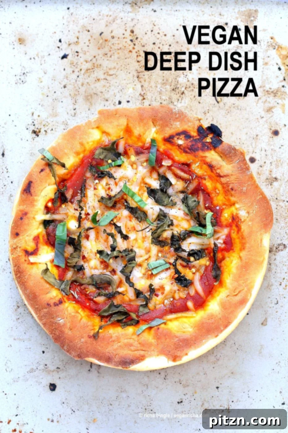Vegan Deep Dish Pizza Recipe. Easy Deep Dish Pizza with from scratch crust, red pepper, spinach, vegan mozzarella and basil. Vegan Pizza Recipe. | VeganRicha.com