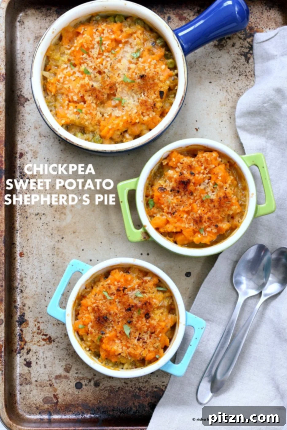 Vegan Shepherds Pie with Chickpeas and Sweet Potato mash. Crusted with breadcrumbs, garlic and herbs. 1 hour easy Vegetarian Shepherds Pie. Vegan Nut-free Soy-free Recipe. Can be gluten-free | VeganRicha.com