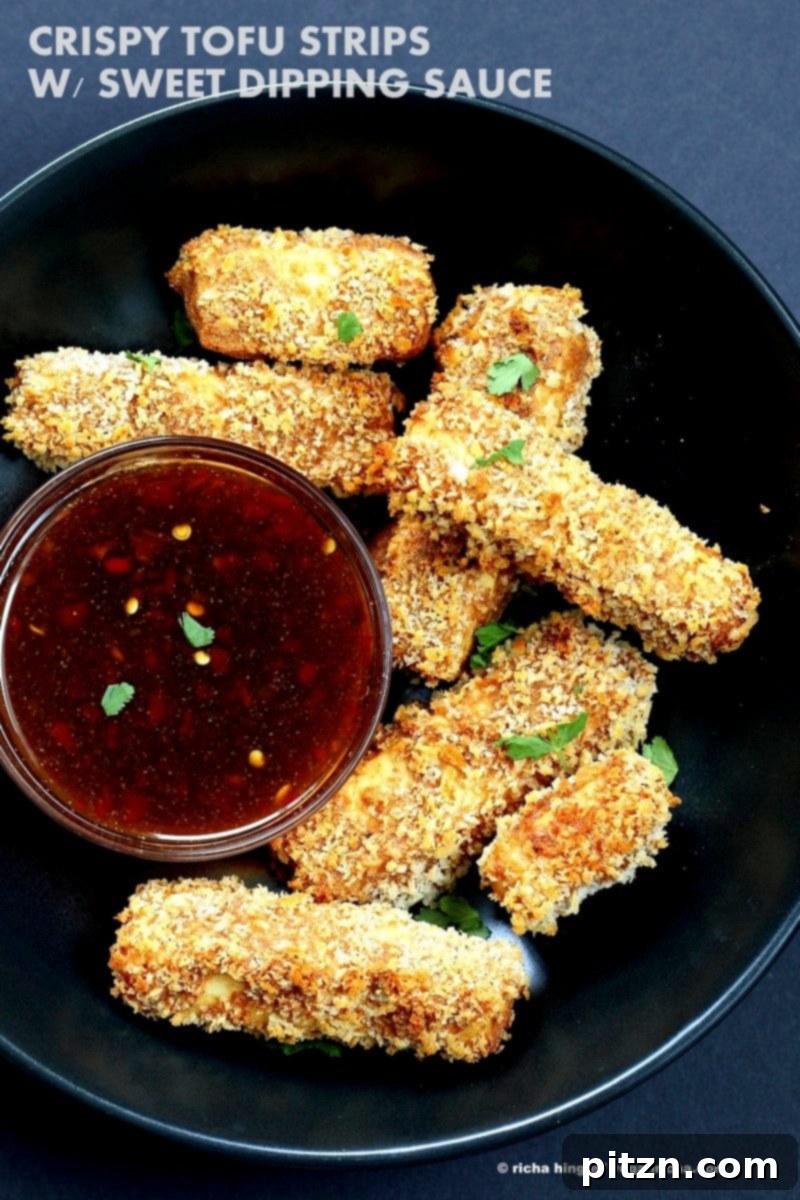 Crispy Tofu with Sweet Chili Sauce. Cruncy Crispy Breaded Tofu Strips with Sweet chili dipping sauce. Vegan Appetizer Recipe for Super bowl Gameday | VeganRicha.com
