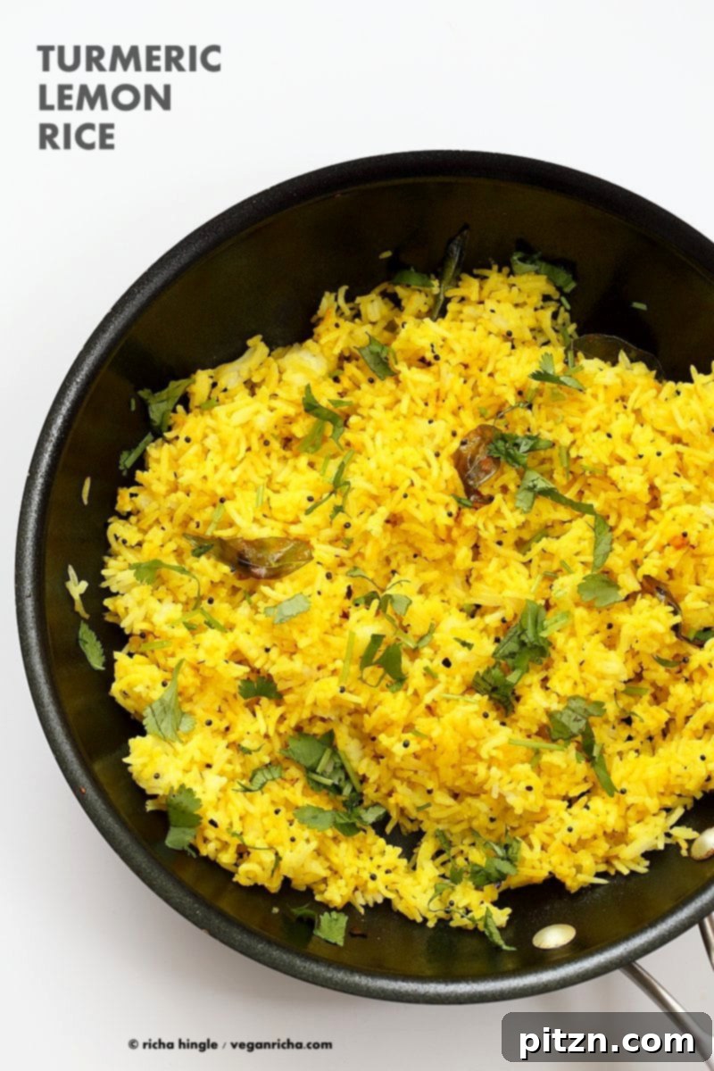 Turmeric Lemon Rice Recipe. Golden Rice with turmeric, lemon and mustard seeds. Use cooked brown rice, quinoa or millet or couscous for variation. Easy side. Vegan Gluten-free Soy-free Recipe | VeganRicha.com
