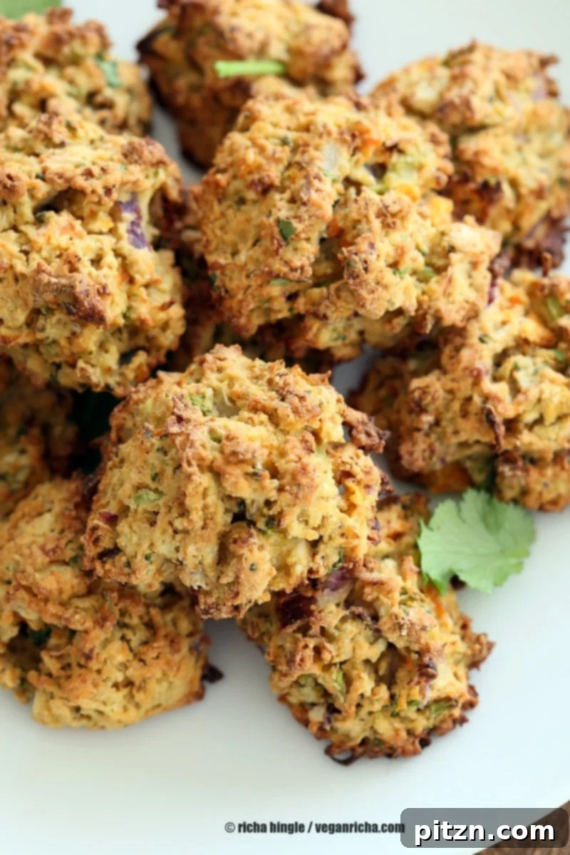 Broccoli, Cauliflower, potatoes, carrots and greens in this Mixed Vegetable Pakora. Baked Veggie Pakore Bhajjiya. Vegan Soyfree Recipe. Easily Glutenfree | VeganRicha.com
