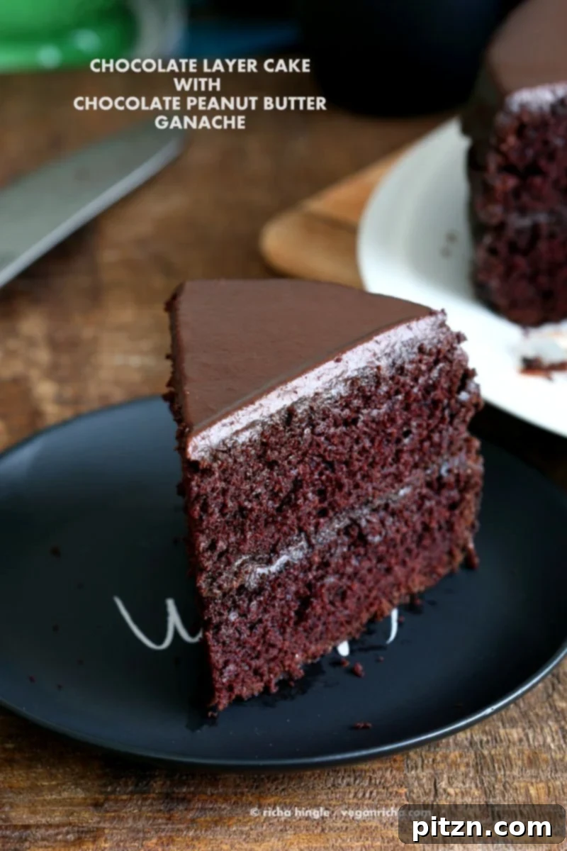 Vegan Chocolate Cake with Chocolate Peanut Butter Ganache. Simple Chocolate Layer Cake. Add raspberry or apricot preserves. Soy-free Palm Oil-free Recipe | VeganRicha.com