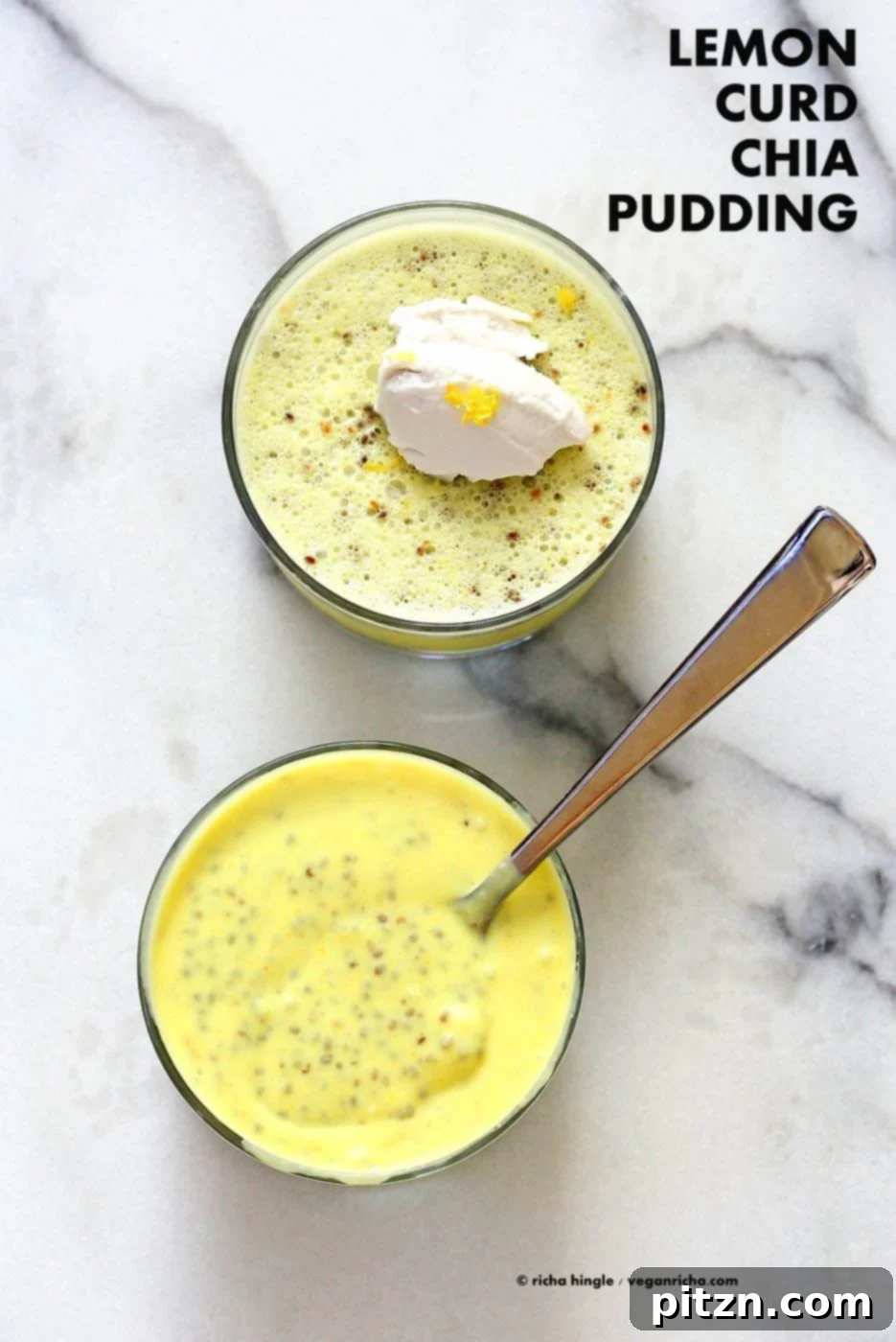 Lemon Curd Chia Pudding. Thick Lemon Coconut Pudding with Chia seeds. This zesty pudding is a refreshing treat for Summer. Serve wih whipped coconut cream. Vegan gluten-free nut-free soy-free Recipe | VeganRicha.com