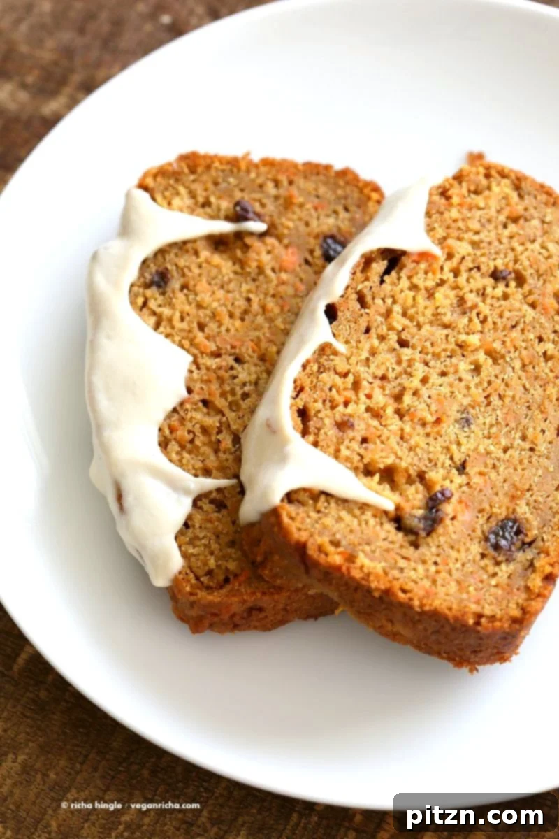 Vegan Carrot Cake Recipe. Vegan Carrot Cake Quick bread loaf with Cashew Cream Frosting. Moist, spiced, full of carrots. Low oil. Soyfree Palmoil-free | VeganRicha.com