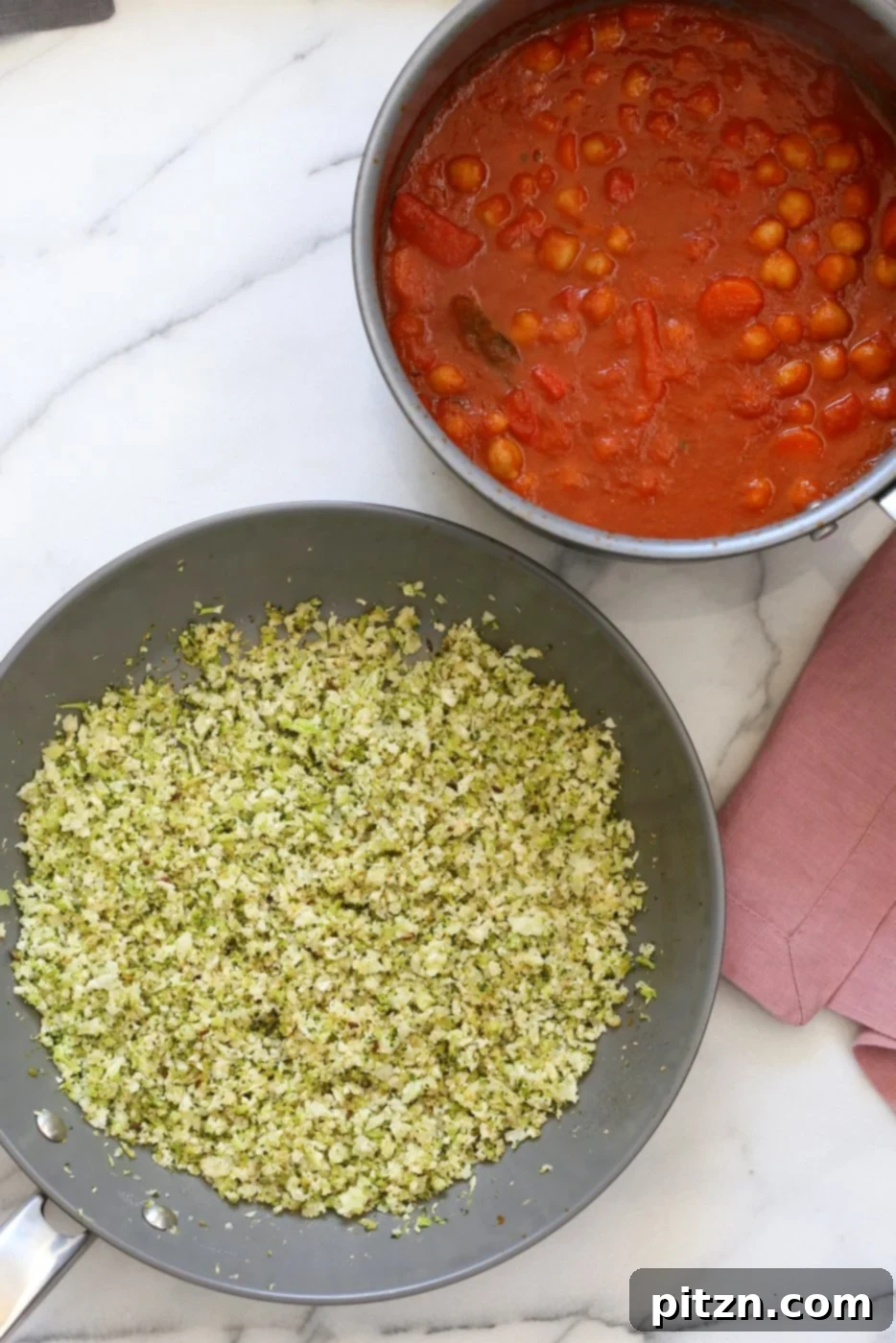 Flavorful Spanish Chickpea Stew with Cumin scented Cauliflower Broccoli Rice. Smoky tomatoey Chickpea Stew can be served over rice or grains or cauliflower or broccoli rice. Vegan Gluten-free Nut-free Grain-free Soy-free Recipe | VeganRicha.com