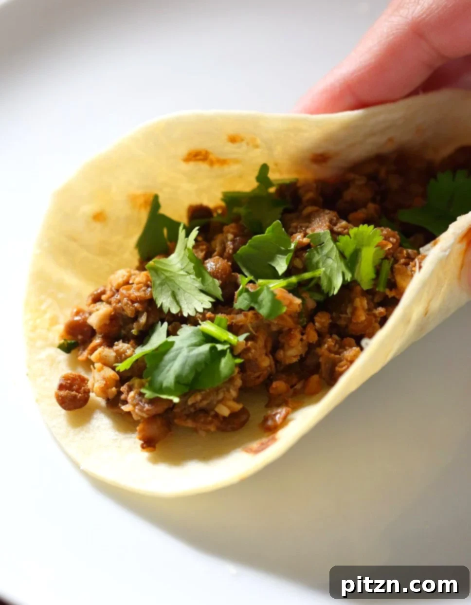 Image showcasing the texture of carrot walnut taco "meat" in a pan, ready to be served.