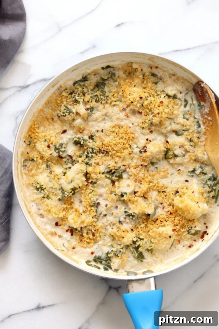 Creamy Spiced No Bake Vegan Cauliflower Gratin 5 Vegan Cauliflower Gratin - Creamy, Spiced Cauliflower Casserole. No Bake Skillet Gratin or Bake with a garlic breadcrumb topping. Vegan Soy-free Recipe, Can be gluten-free and nut-free. | VeganRicha.com