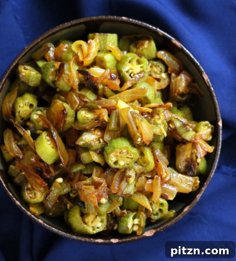 Another appealing view of the freshly prepared Indian Okra and Onion stir fry, Pyaaz Waali Bhindi Subzi, ready to be served.