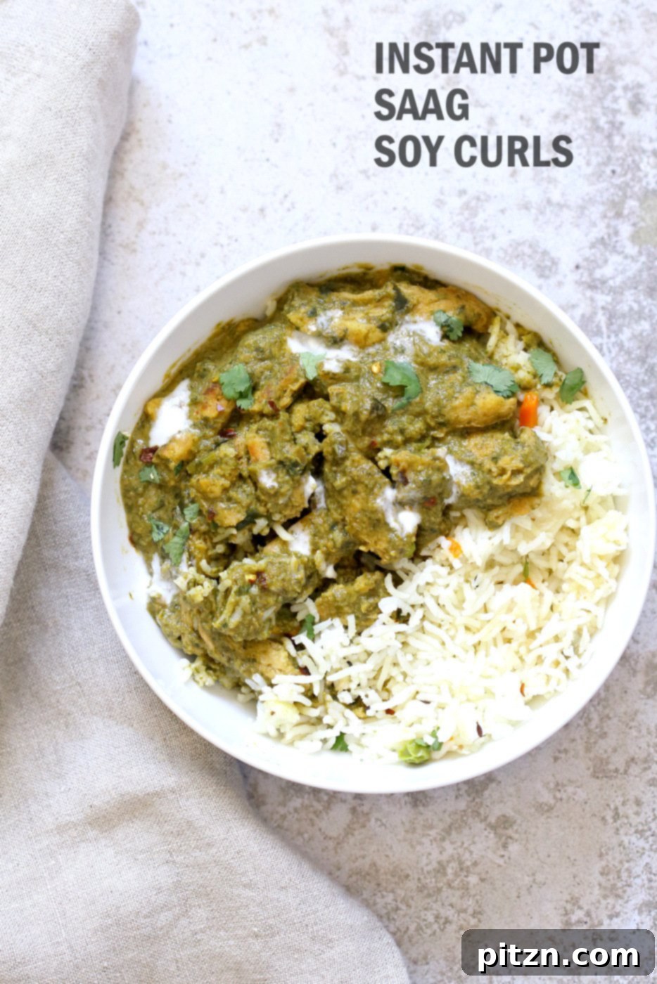 Instant Pot Vegan Chicken Saag with Soy Curls. A vibrant green spinach curry with plant-based soy curls, served with rice. Vegan, Gluten-free, Soy-free, Nut-free options. #Vegan #Glutenfree #Recipe