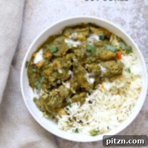 One Pot Vegan Chicken Saag with Soy Curls. A vibrant green spinach curry with plant-based soy curls, served with rice. Vegan, Gluten-free, Soy-free, Nut-free options.