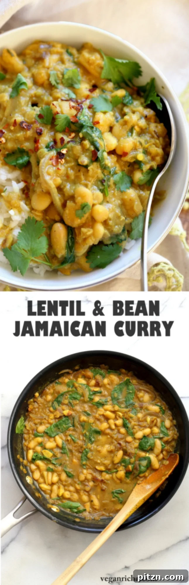Hearty Cannellini and Lentil Jamaican Curry. A quick 30-minute one-pot vegan meal, rich in flavor from coconut milk and authentic Jamaican spices. Packed with protein from cannellini beans and red lentils. Gluten-free, soy-free, nut-free. | VeganRicha.com