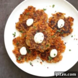 Easy Vegan Latkes. Potato & Sweet Potato Latkes. Panfried crispy latke fritters for Hanukkah.