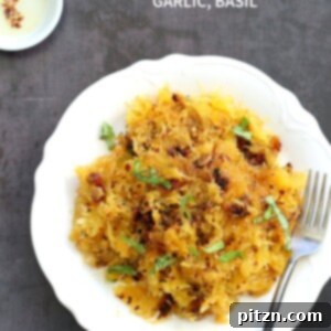 Spaghetti Squash Pasta with Sundried Tomato, Garlic & Basil. Light Dinner with no Grains. Add some spiced chickpeas or baked tofu for variation. #Vegan #Glutenfree Soy-free #Recipe #veganricha | VeganRicha.com