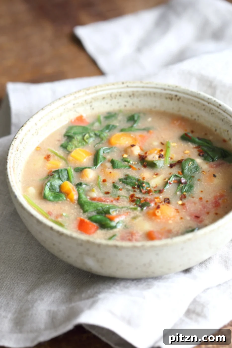 Hearty Instant Pot Chickpea Potato Vegetable Soup 3 Veggie Chickpea Potato Soup in Instant Pot. Creamy Potato Chickpea Spinach soup. Saucepan option. Vegan Gluten-free Soy-free Nut-free Recipe | VeganRicha.com