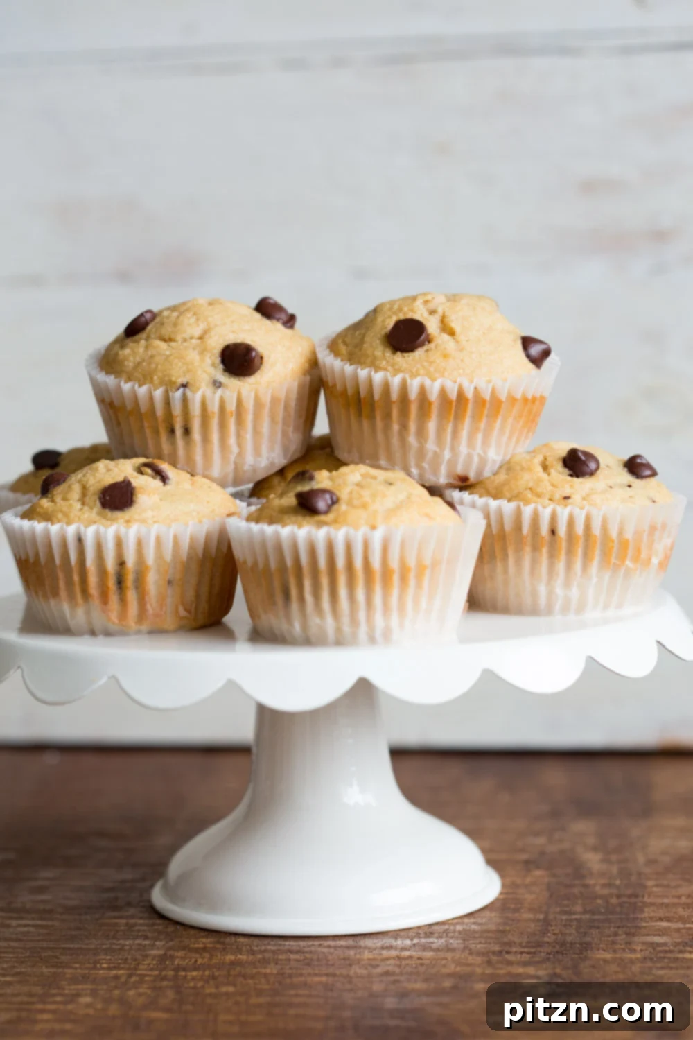 A delightful close-up shot of a single vegan chocolate chip coconut muffin, revealing its rich texture and delicious chocolate chips inside.
