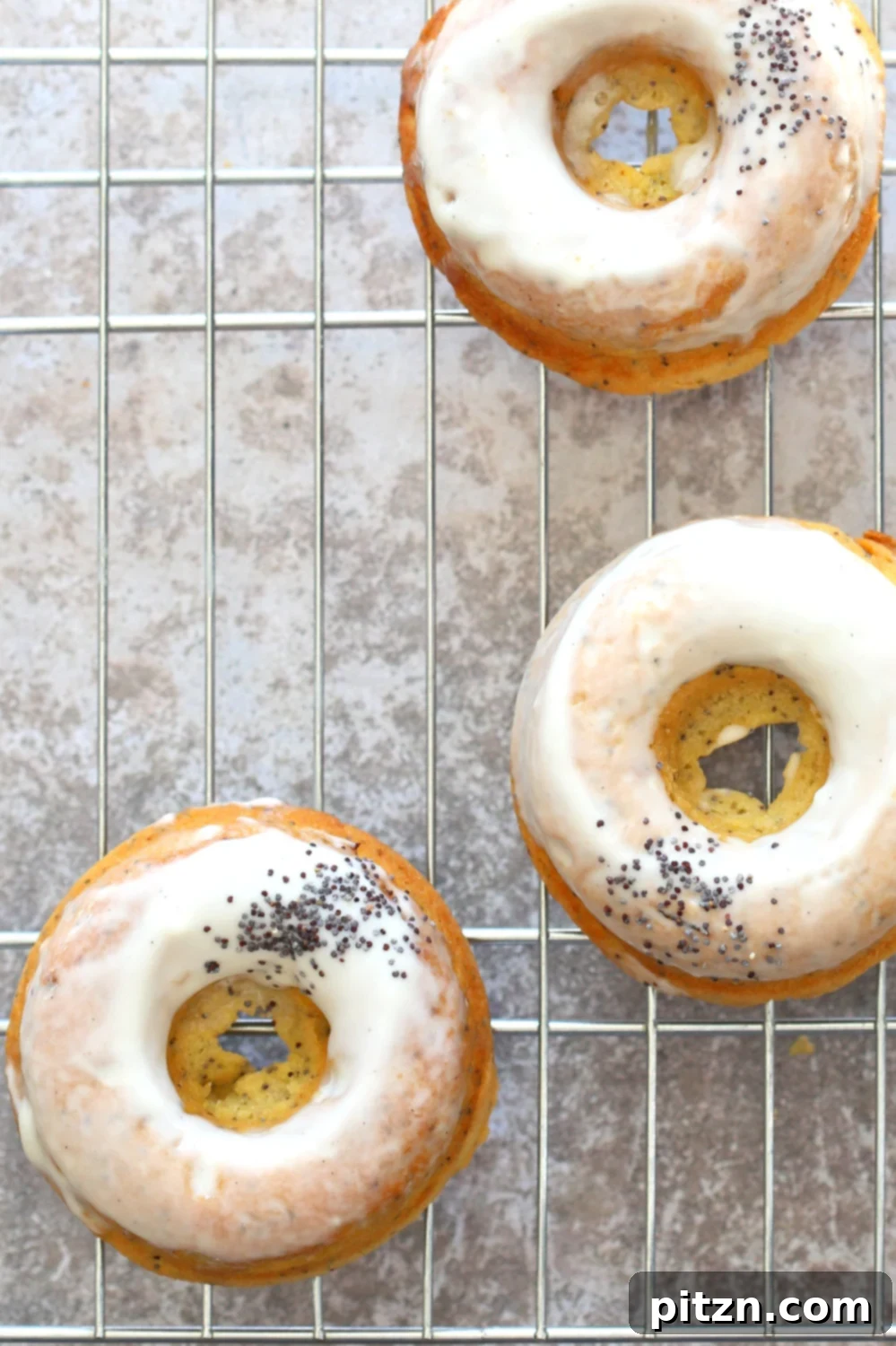 Zesty Vegan Lemon Poppy Seed Delights 3 A batch of freshly baked Vegan Lemon Poppy Seed Donuts, showcasing their soft texture and golden-brown finish, ready to be served.