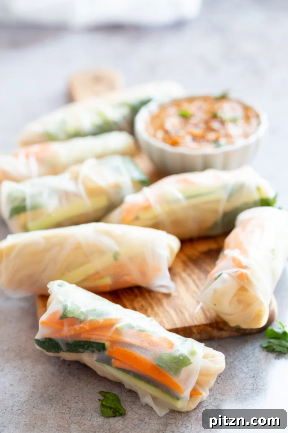 Beautifully arranged vegan fresh spring rolls with a side of peanut dipping sauce, garnished with fresh herbs.