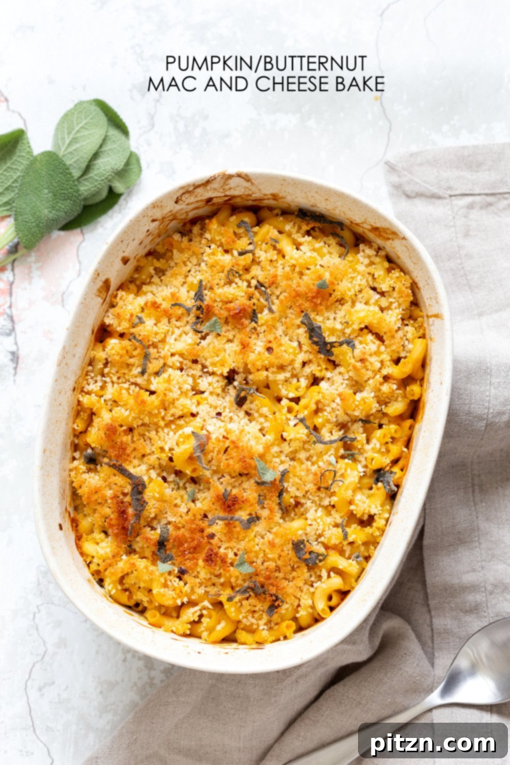 Golden Harvest Vegan Mac and Cheese Bake 2 A close-up shot of creamy Vegan Pumpkin Mac and Cheese Bake, garnished with fresh sage and breadcrumbs, ready to serve.