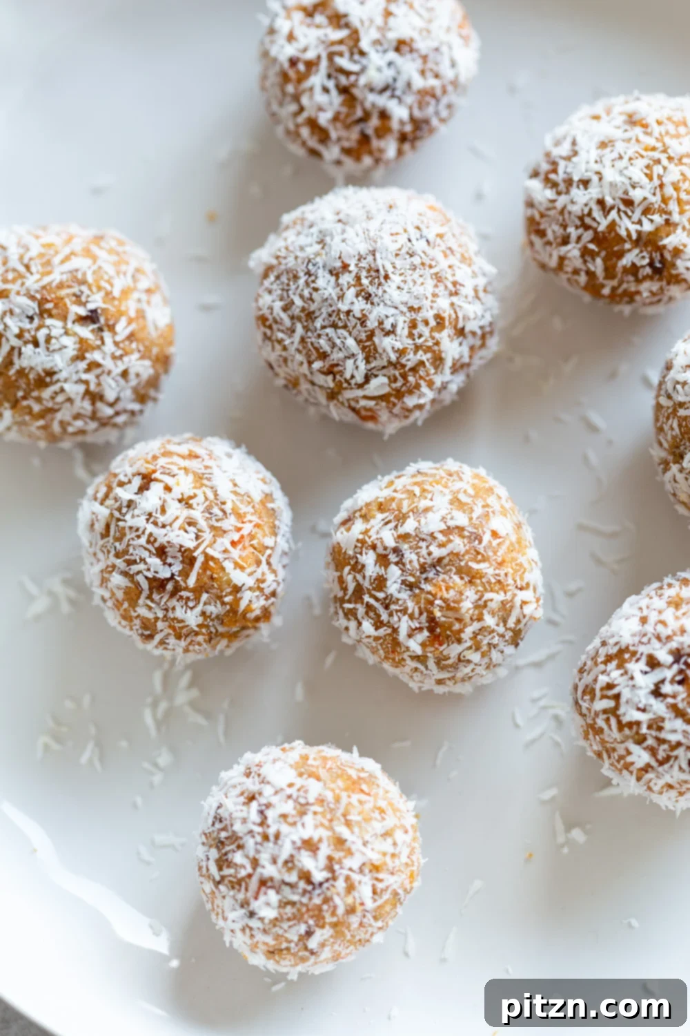 Close-up of freshly prepared Vegan Carrot Cake Bites on a clean white plate, ready to be enjoyed as a healthy and flavorful snack.