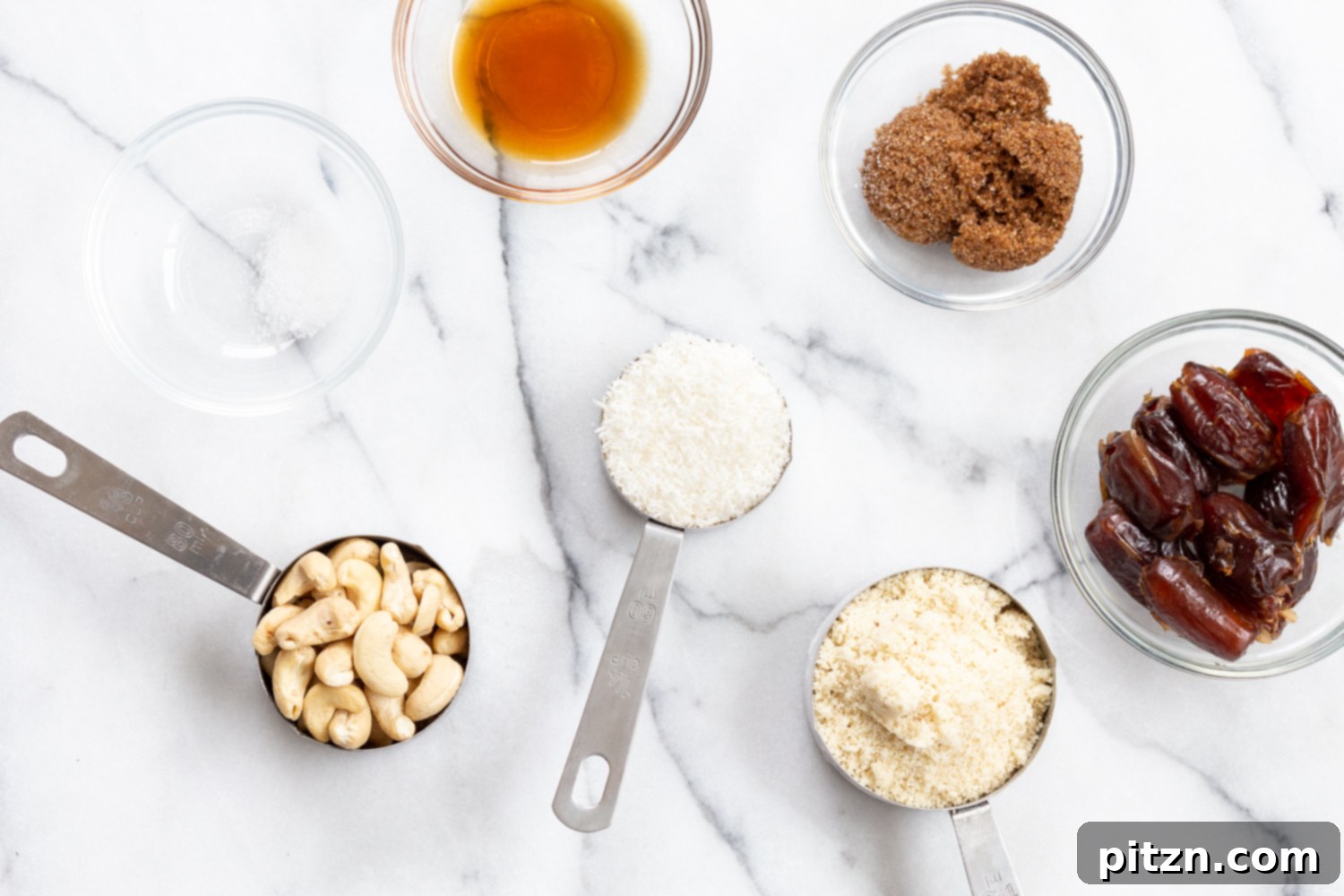 No-Bake Vegan Dough Delights 4 Ingredients for our Vegan Cookie Dough Bites meticulously arranged in bowls and measuring cups, ready for processing.