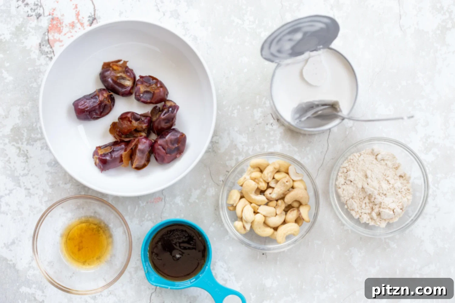 Ingredients for coconut vanilla Ice cream filling for our Vegan Cookie Dough Ice Cream Sandwiches, neatly arranged