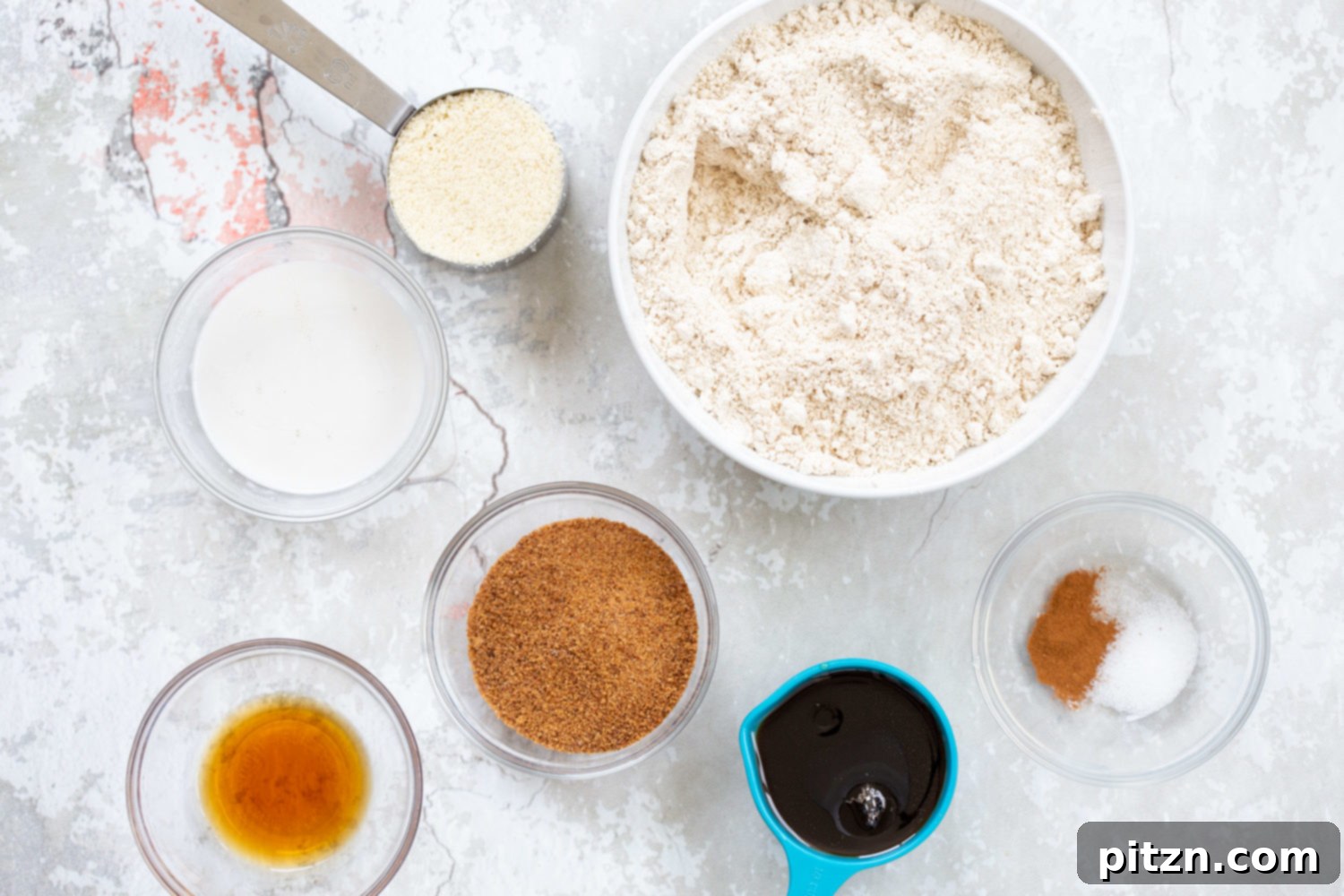 Cookie Dough Ingredients in Bowls for our Vegan Cookie Dough Ice Cream Sandwiches, prepped for mixing