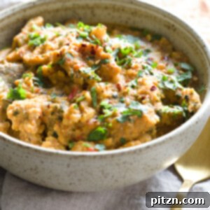 side view of a bowl of vegan Instant Pot chicken curry with soy curls in fenugreek sauce
