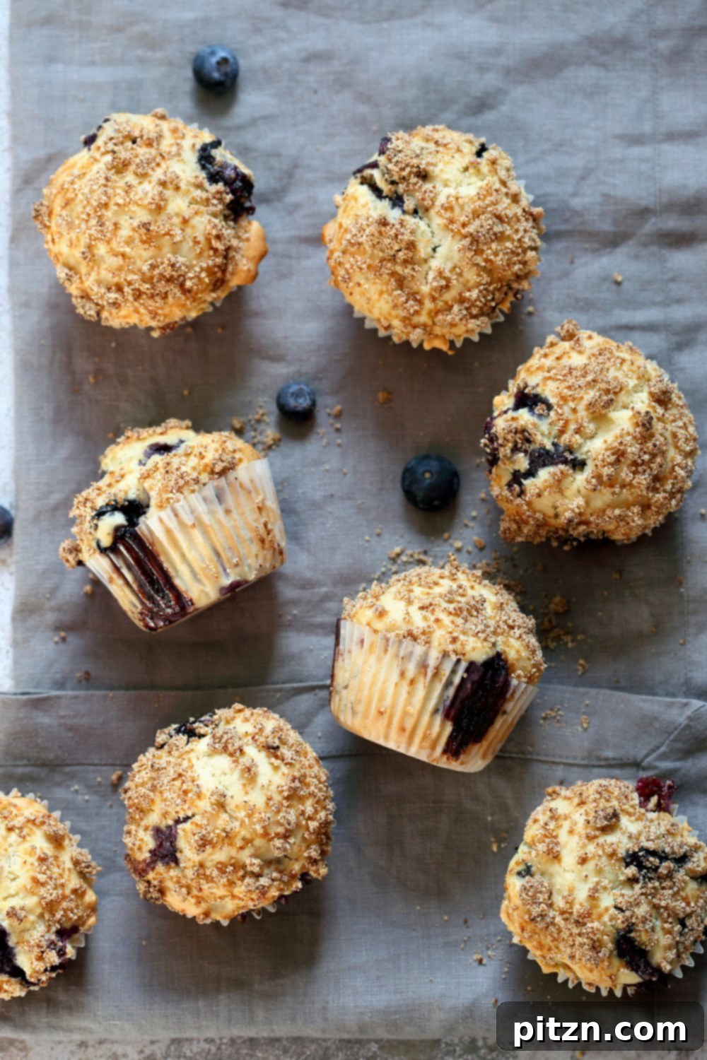Vegan Blueberry Muffins on grey napkin