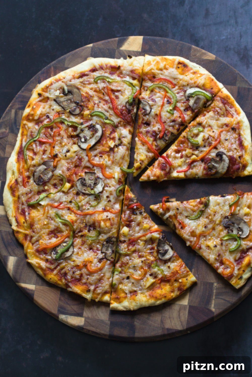 no yeast pizza dough overhead shot of vegan no yeast pizza with vegetable topping