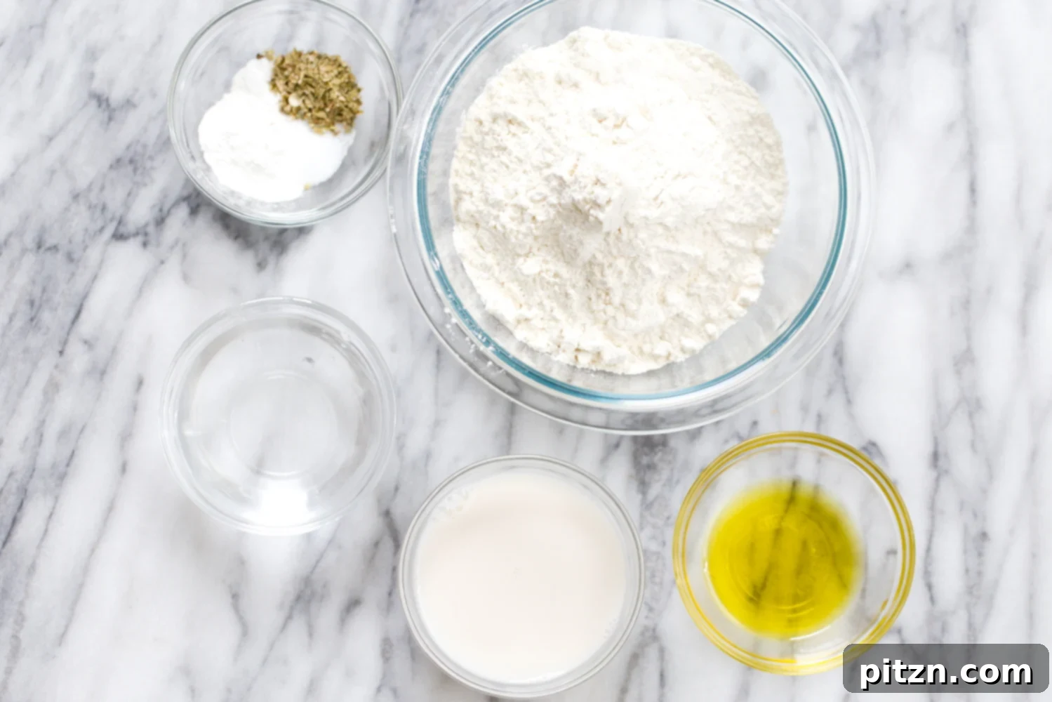 no yeast pizza dough overhead shot of ingredients used for making vegan yeast-free pizza dough