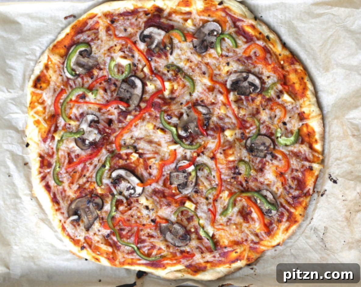 no yeast pizza dough overhead shot of freshly baked vegan pizza made with no yeast