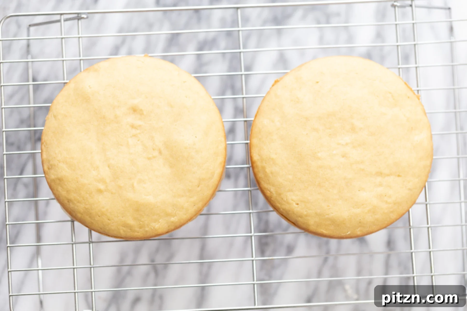 Two freshly baked vegan white cakes cooling side-by-side on a metal cooling rack after being removed from the oven.